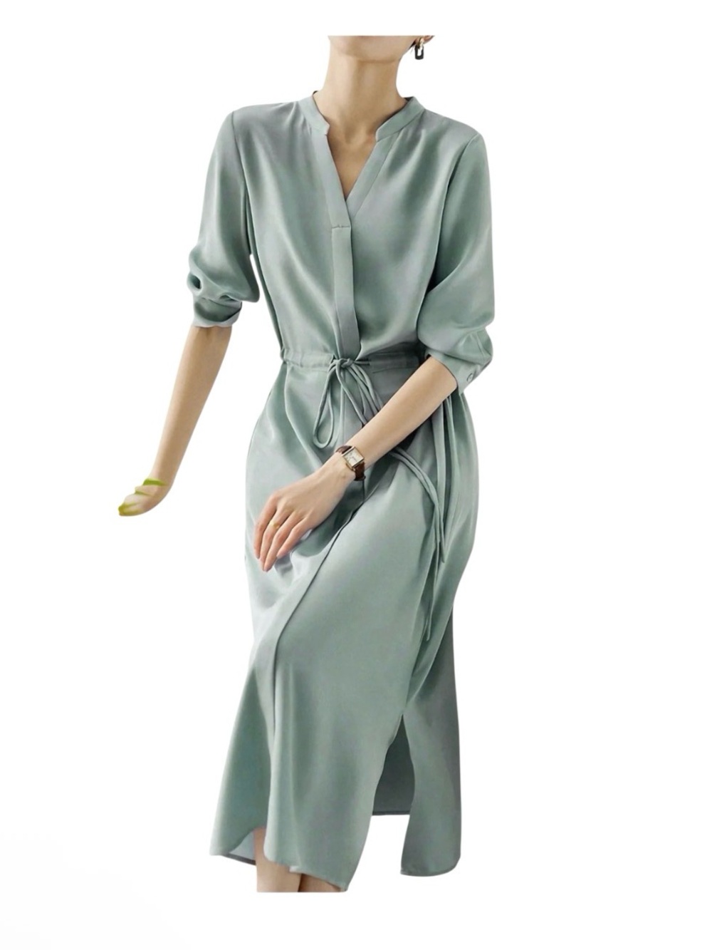 DAISYSILK 30 Momme Mulberry Silk Drawstring Midi Shirt Dress Sage Green L
